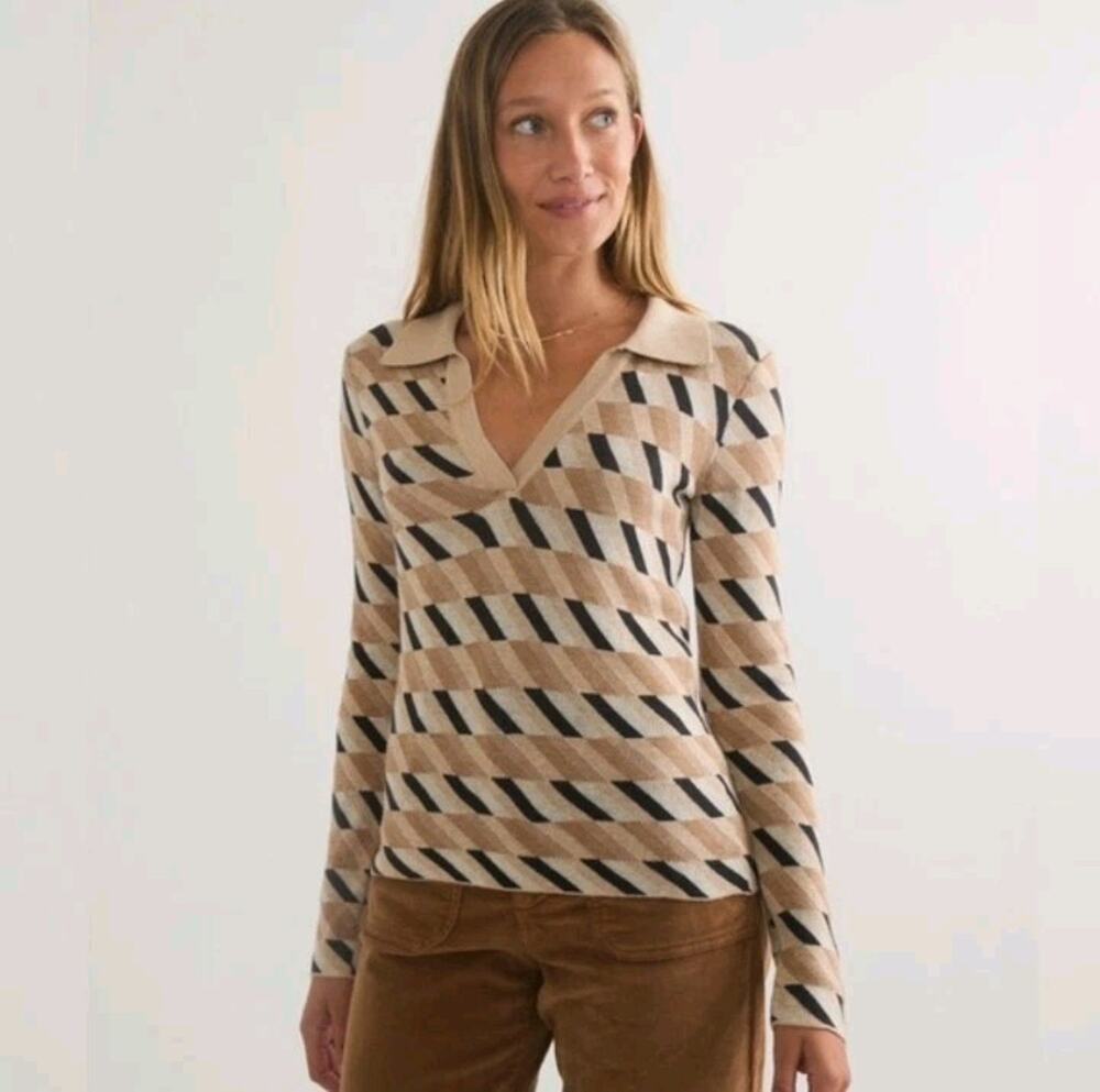 Marine Layer Morgan Sweater Polo XL Womens Neutral Geo Knit Pullover Long Sleeve